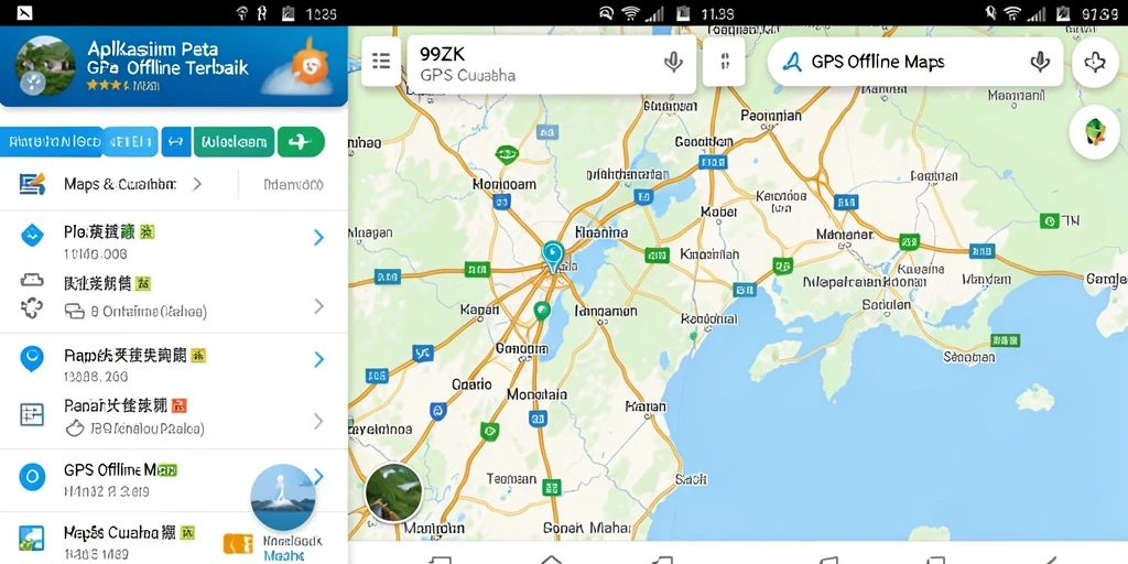Antarmuka intuitif GPS Offline Maps 99ZK yang menampilkan peta dan rute.
