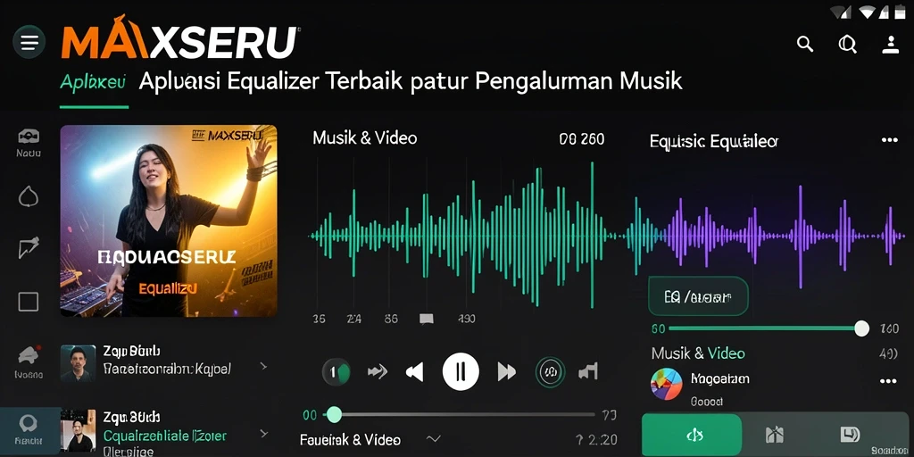 Tampilan antarmuka aplikasi MAXSERU dengan fitur Equalizer yang menarik.