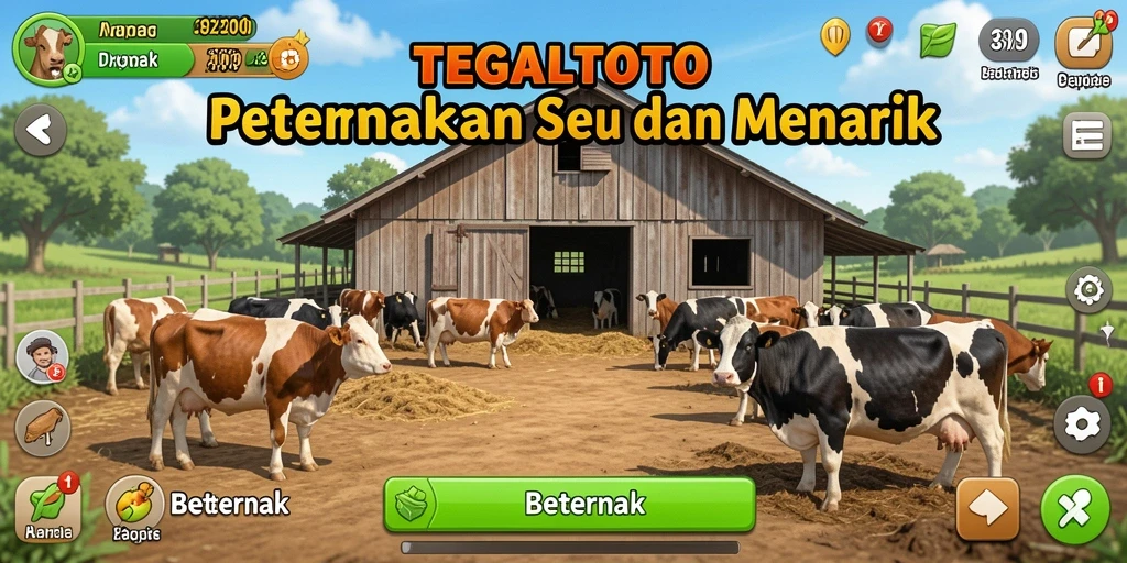 Antarmuka permainan TEGALTOTO menampilkan peternakan yang indah dan interaktif.